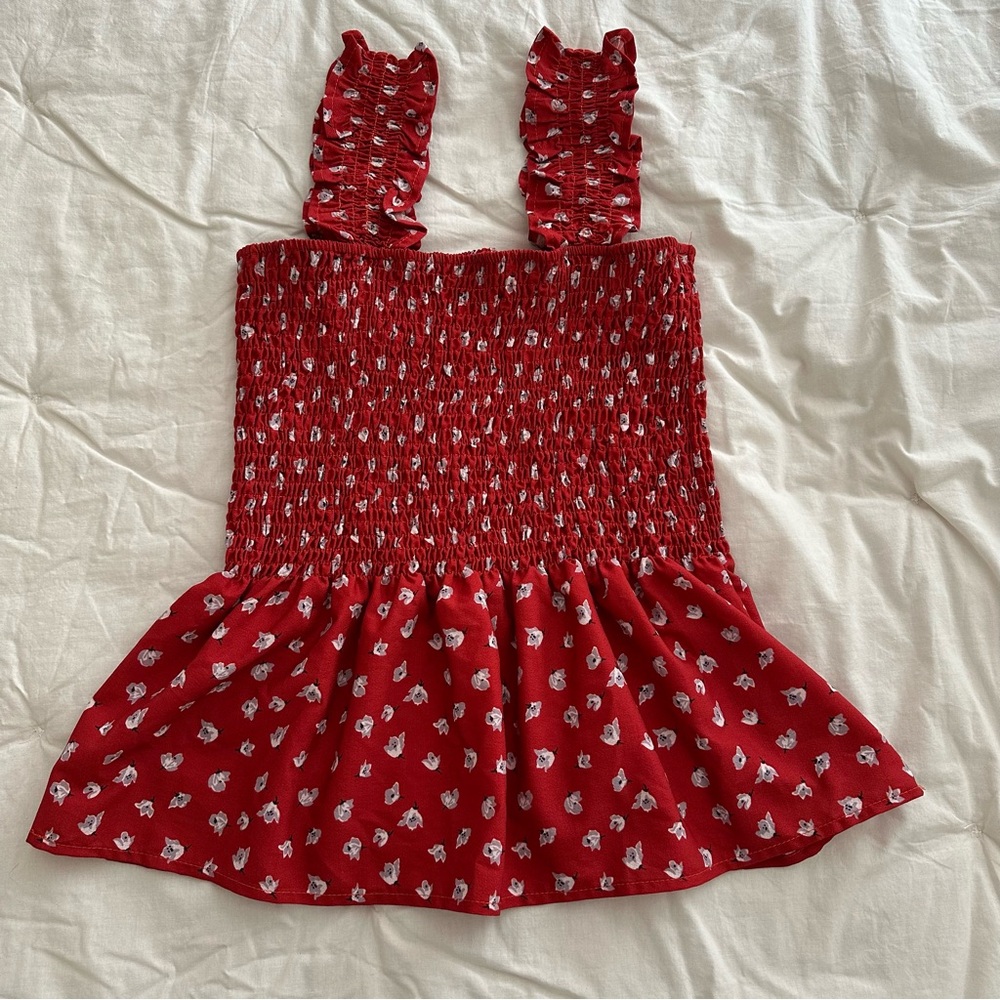 Red Floral Shirred Ruffle Tank Top